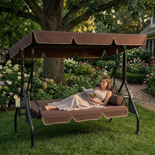 UISEBRT Columpio de jardín de 3 plazas, con función alargada, con techo parasol ajustable, 2 cojines, 2 bandejas, carga máxima: 350 kg, para jardín, piscina, terraza, marrón