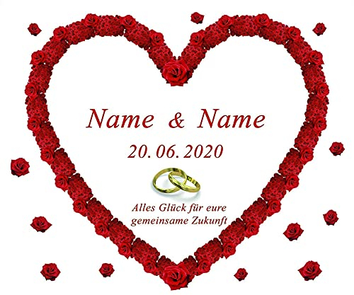 Personalisiertes Hochzeitsherz zum Ausschneiden für das Hochzeitsspiel oder zur Hochzeitsdekoration – mit Namen, Datum und Glückwunschtext personalisiert