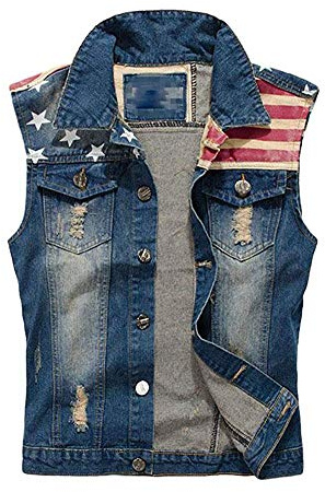 Idopy Herren Retro Ripped Denim Jeans Weste Ärmellos Jacke | Ärmellose Retro-Denim-Weste mit amerikanischer Flagge, für Herren, lässig, Straßenparty, Alltag