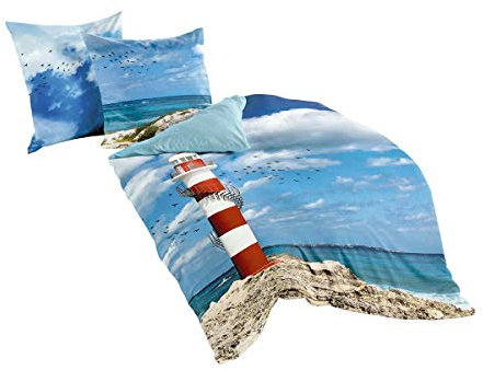 Traumschlaf Mako-Satin Bettwäsche Leuchtturm 1 Bettbezug 200 x 200 cm + 2 Kissenbezüge 80 x 80 cm