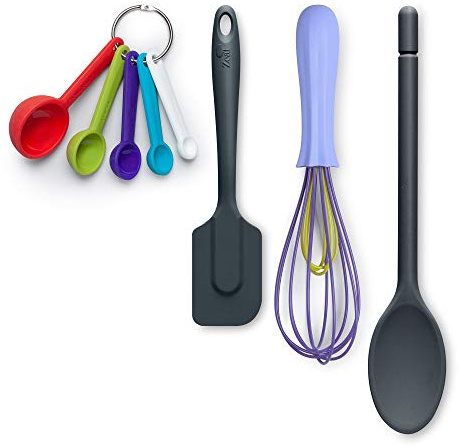 Zeal JSET41T Non-Stick Silicone Spatula, Whisk, Traditional Measuring Spoons 4-Piece Baking Set, Dark Grey/Purple/Bright Mix