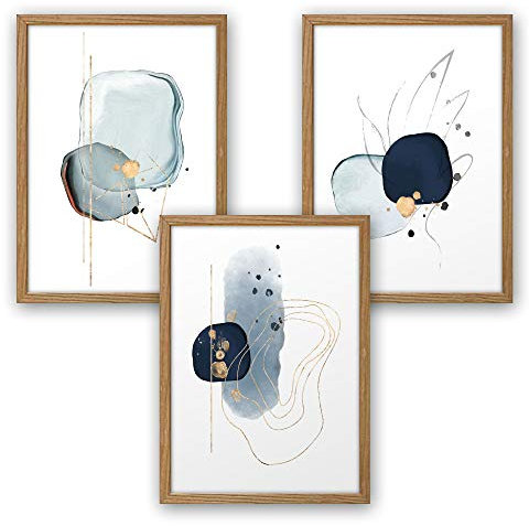 3-teiliges Premium Poster-Set | Kunstdruck | Abstrakt blau | Deko Bild für Ihre Wand | optional mit Rahmen | Wohnzimmer Schlafzimmer Modern Fine Art | DIN A4 / A3 (A4, natur Rahmen)