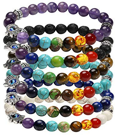 JJDreams 6PCS 8mm Jewerly Natrual Bead Bracelet Set Evil Eye Prayer Lava Stone with Elastic Rope