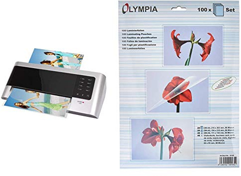 Olympia A 2048 Laminiergerät Büro schnell (A4 - Rücklauffunktion - Heiß- und Kaltlaminieren) & Olympia 9165, Laminierfolien, verschiedene Größen im Set, Sortimentspack (sortiert), 80 mic, 100 Stück