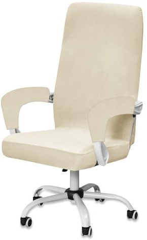 BXFUL Samt Bürostuhl Bezug mit 2 Armlehne, Stretch Sitzbezug Gaming Stuhl Bezug, Waschbarer Stuhlhussen Sessel Überzug Stuhlbezüge für Bürostuhl Stuhl Drehstuhl (Beige,Medium)