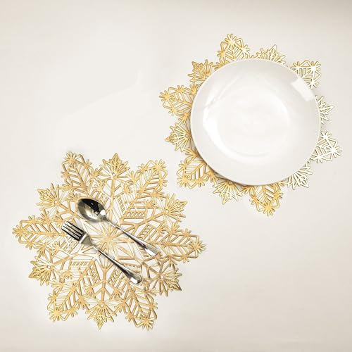 Snowkingdom Tischsets mit Weihnachtsmotiv, 6 Stück, goldbeschichtet, metallisches Vinyl, rund, 38.1 cm Durchmesser, Festival-Tischdekorationen für Feiertage, mit passenden Untersetzern (Gold, 6)