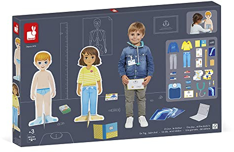 Janod - Ein Tag... beim Arzt – Rollenspiel für Berufe – incl. 49 Zubehörteile – Große Figuren (65 cm) - Regt die Fantasie an - FSC-zertifiziert - Ab 3 Jahren, J06621