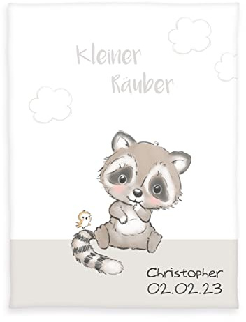 Herding babybest Kuscheldecke, Personalisiert mit Namen, Kleiner Räuber, Waschbär, 75 x 100 cm