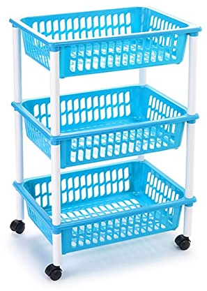 AC - Carrito verdulero Modelo PLFT de plástico con 3 Niveles y Ruedas, cestas apilables portaobjetos, Frutas, Verduras, Cocina, baño (Azul - 61 x 40 x 30 cm)