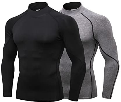 LANBAOSI 2Pack Mens Mock Turtleneck Compression Shirts Long Sleeve Sun Protection Shirts Cooling Workout Gym Tops Undershirt