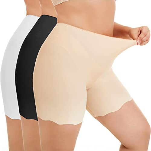 WEASIC Short Anti-Frottement Femme Sousrobe Boxer Cuissard Taille Haute Legging Court sans Couture Cycliste Sport Slip Sécurité Invisible Collant (3 Pack, 1 * Noir + 1 * Beige + 1 * Blanc, M)
