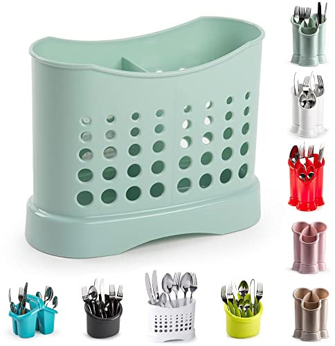 2 Compartments High Grade Plastic Sink Tidy Cutlery Drainer Caddy Holder, Utensil Drainer for Home and Kitchen (Mint Green - Design 1)