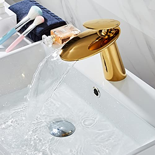 SJQKA Wasserfall Wasserhahn Bad, Waschbeckenarmatur,Wasserhahn Bad Aus Erstklassigem Messing,wasserfall Einhandmischer Für Bad Badezimmer Waschbecken (Gold)