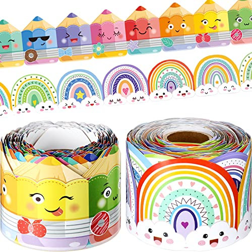 2 Rollen bunte Bleistift-Pinnwand-Bordüre, Regenbögen, gewellte Bordüre, Jute, gerade, Klassenzimmer-Dekoration für Vorschule, Kindergarten, Kreidetafel, Tür, Fenster, 39,9 m