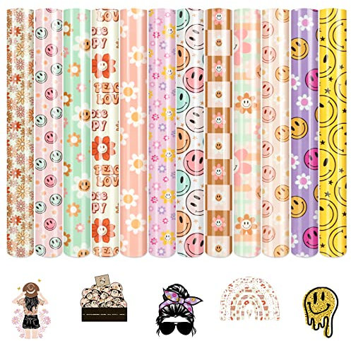 Tintnut Heat Transfer Vinyl - 12 Sheets 12 x 10 inches Retro HTV Groovy Heat Transfer Vinyl Daisy Patterned HTV Iron on Vinyl for Tshirts DIY Compatible with Cricut or Silhouette Cameo