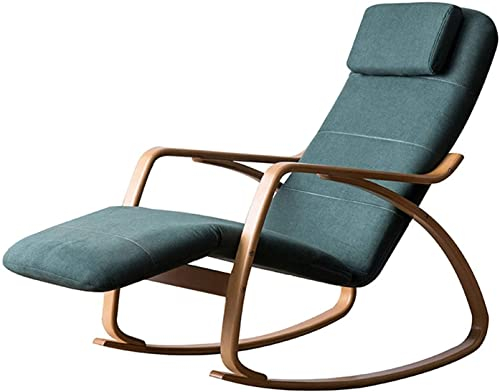 UPMSK Massivholz Baumwolle und Leinen Freizeit Schaukelstuhl Schlafzimmer Esszimmer Innenhof Liege, verlängerte und Bequeme Fußstütze(Color:Green)