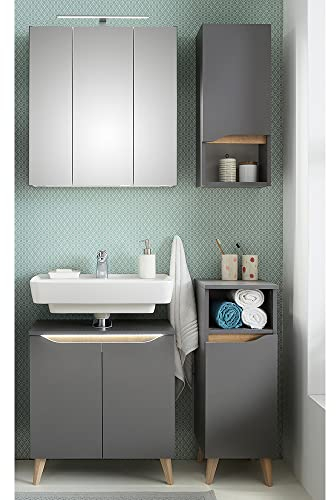 Lomadox Badmöbel Set mit Füßen in Holzoptik in Quarzgrau Matt Touch mit Riviera Eiche Nb., B/H/T ca. 110/190/33 cm