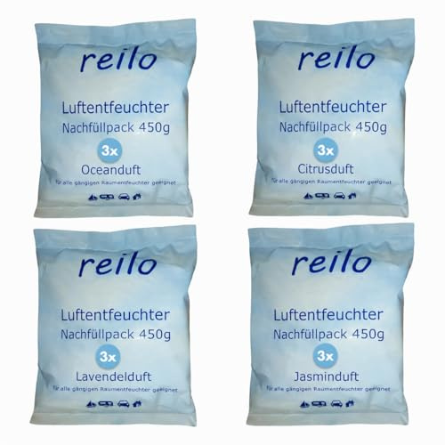 Duftset 12x 450g reilo Luftentfeuchtergranulat I 4 Duftsorten | Feuchtigkeitsabsorber mit Duft I 77% wasserfreies Raumentfeuchter Granulat I Vliesbeutel für Boxen ab 400 g