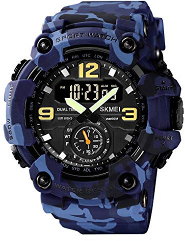 Yuxier Reloj militar para hombre, camuflaje, deportes, al aire libre, impermeable, con fecha, multifunción, con alarma LED, varias horas, Azul