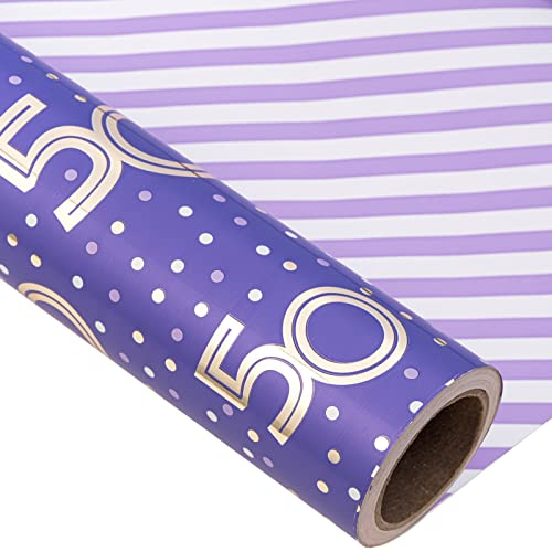 Holijolly Reversible Geburtstag Wrapping Paper Rolle.Mini Rolle,43.9 cm X 10m,Lila 50 Jahre mit Glitter Metallic Folie/Streifen(4.39 Quadratmeter)