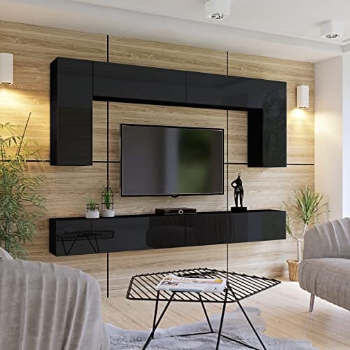 BROMARKT Premium Wohnwand Wohnzimmer Set 6 Teile - Wohnzimmer Schrank - Wohnzimmer Möbel mit Wandschrank- Wohnwand Modern - Wohnzimmerschrank Komplett Möbel - Hochglanz Schwarz