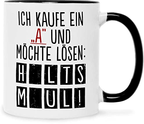 Bedruckte Tasse mit Spruch - Ich kaufe ein A - Lustige Spaßtasse als Scherzgeschenk - Geschenk für Freundinnen Kollegen & Familie für Büro und Alltag - für Sie & Ihn Farbe Schwarz