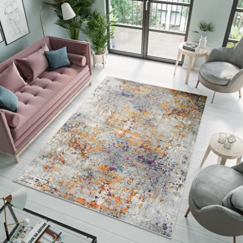 TAPISO Denver Teppich Kurzflor Orange Grau Blau Abstrakt Meliert Verwischt Schlafzimmer Wohnzimmer Büro Modern Design ÖKOTEX 140 x 200 cm
