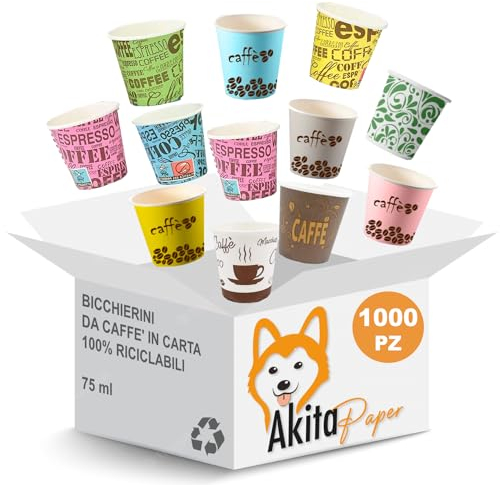 AKITAInk 1000 bicchierini caffè carta 75ml monouso biodegradabili, Bicchieri caffe di Carta Monouso, Usa e Getta Ecologici Biodegradabili Monouso Piccoli Asporto Bevande Calde