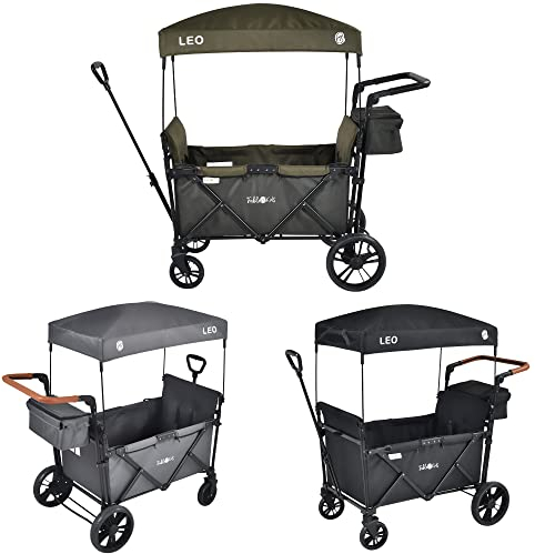 FableKids Bollerwagen Leo X2Lite mit Dach | 2 Sitzplätze | Faltbarer Transportwagen | Hecktasche | 5-Punkt-Gurt | 360° Räder | Fußbremse | inkl.Anti-Staub-Abdeckung | Oxford 600D | Safari Grün