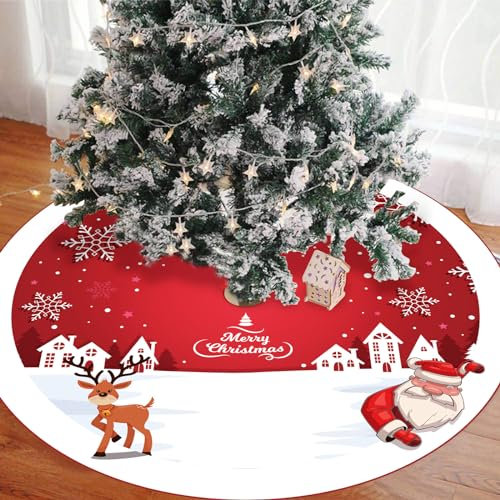 Weihnachtsbaum Decke, 120cm Große Rot Weiß Weihnachtsbaum Rock mit Winter Wonderland, Polyester Weihnachtsbaumdecke Christbaumdecke Matte Tannenbaumdecke für Weihnachten Party Dekoration