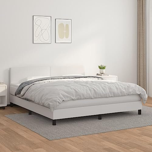 Willood Boxspringbett mit Matratze Weiß 180x200 cm Kunstleder Kunstlederbett Polsterbett Bettgestell Bett Hotelbett Schlafzimmerbett Bettrahmen Lattenrost Schlichtes Design