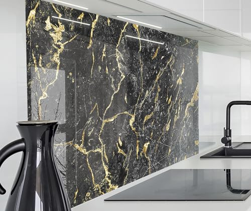 timalo Herd Spritzschutz Wand Spüle, Küche Küchenrückwand Glasoptik | Acryl Glas 2mm | Glasrückwand Acrylglas Küchenpaneele Rückwandschutz Platte | 80x60cm Schwarzer Marmor mit Gold