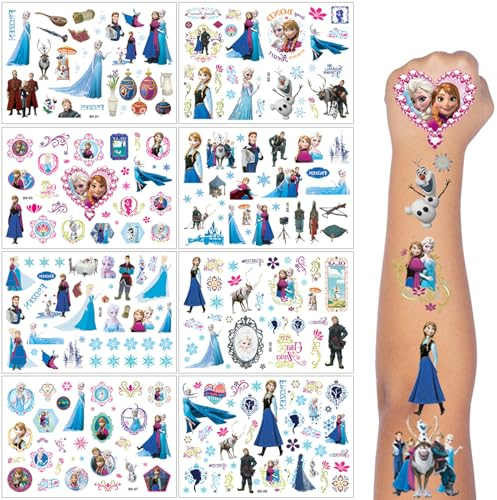 Tattoo Kinder, 8 Blätter Frozen Temporäre Tattoo Aufkleber Set für Jungen Mädchen Kindertattoos Wasserdicht für Geburtstagsgeschenke Kindergeburtstag Mitgebsel Party Deko