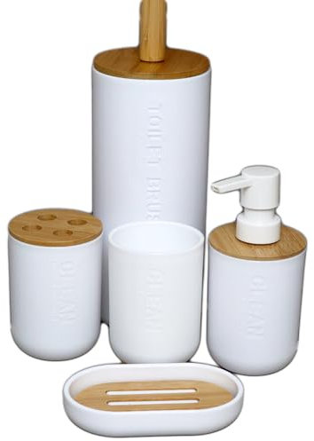 5pc Set White Bathroom Accessories Plastic Bamboo Dispenser Dish Tumbler Holder