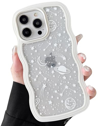 ZTOFERA Wavy Case for iPhone 14 Pro (6.1), Cute Clear Protective Case with Planet Star Moon Pattern, Hard PC Colored Wave Frame Soft Silicone Bumper Shockproof Cover for Girls Women, Cream