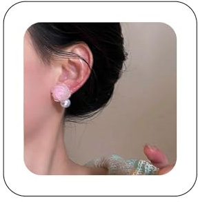 Cimenexe Bohemian Enamel Camellia Pearl Dangle Earrings Pink Camellia Flower Stud Earrings Round Pearl Drop Earrings Pink Resin Rose Earrings Jewelry for Women and Girls Gifts