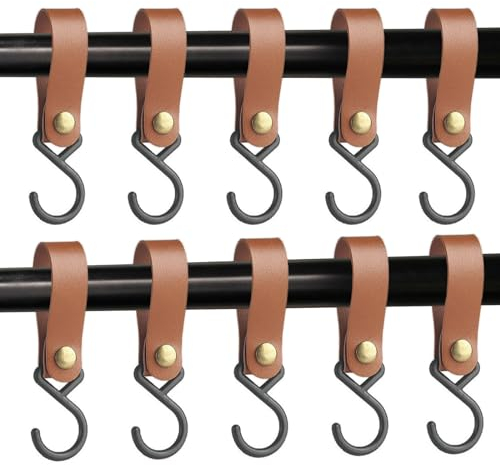 Mecmbj Haken Zum Einhängen,10 Stück S Haken für Kleiderstange,S Haken mit Lederschlaufe,Haken Kleiderstange,Kleiderhaken Leder,S-Haken für Töpfe und Pfannen,Kleidung,Hüte,Handtücher,Küche(braun)