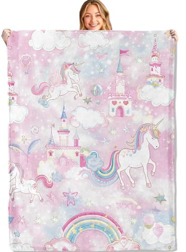 MIEPOS Einhorn-Überwurfdecke, 127 x 152,4 cm, weich, leicht, Flanell, magisches Schloss und Regenbogen-Rosa, Geschenke für Kinder und Aniaml-Liebhaber, für Couch, Reisen, Picknicks, Faulenzen,