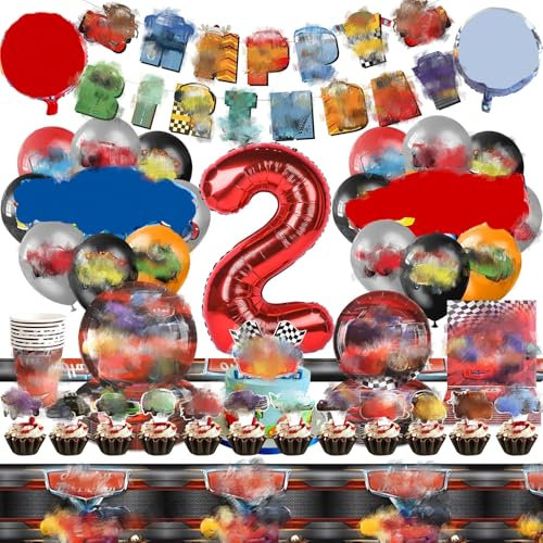 86 Stück Cars Geburtstagsdeko 2 Jahre, Auto Deko Geburtstag Car Luftballon Car Tortendeko Happy Birthday Banner Partygeschirr Pappteller Kindergeburtstag Teller Becher Kindergeburtstag Party Jungen