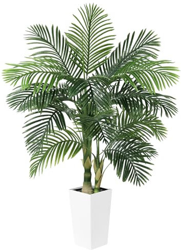 LYERSE Palma artificiale in canna dorata da 1,5 m, palma finta con vaso alto bianco, piante artificiali con tronco realistico e foglie di palma, per interni, casa e ufficio