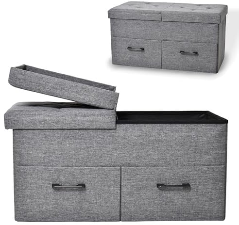 Onbest Sitzbank mit Stauraum - mit praktischen Stauraum - klappbaren Deckel & Schubladen - Aufbewahrungsbox in Grau - gepolstert - ideale Möbel für Wohnzimmer, Flur und co. (2 Schubladen)