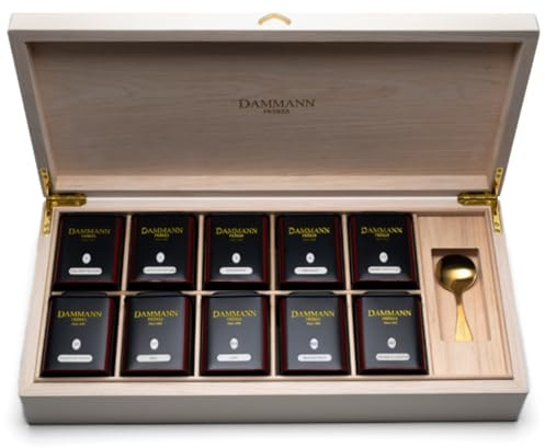 Dammann Frères® | Boîte en bois avec différents thés noirs et verts | Coffret cadeau 10 saveurs | Thé noir, vert et blanc en boîtes métalliques | Coffret cadeau