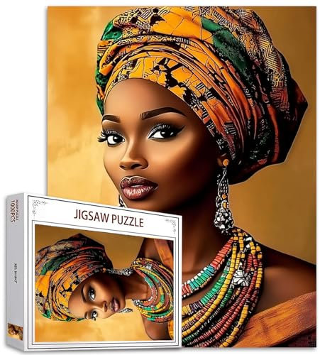 Afro America Woman 1000 Piece Jigsaw Puzzles for Adult Africa Black Girl Painting Jigsaw Puzzle Female Wearing Headwrap 1000 Pieces Puzzles Game Neck Jewelry Wall Decor DIY Craft Puzzle Art(Colorful)