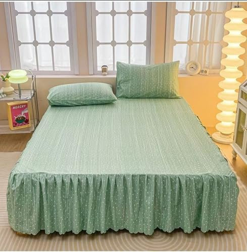 KnSam Grün Bettrock 200x220cm Waschbar, Polka Punkt Muster Bettvolants Gedruckt Schlafkomfort, Polyester Betttuch Unterbett als Schutz für Boxspringbett & Topper