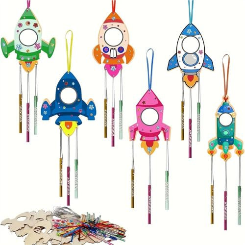 Toyhood 12 Stück DIY Raketen Windspiel Bastelset, DIY Holz Klangspiel Basteln Bastelhandwerk, Weltraum Geburtstag Party Dekoration, für Mädchen Junge Kindergeburtstag
