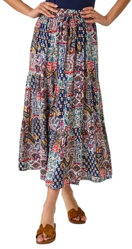 Roman Originals Gypsy Maxi Skirt for Women UK Ladies Tiered Bohemian Long Ankle Length Cotton Elasticated Waistband High Waist Monochrome Lounge Lightweight Holiday - Navy Patchwork - Size 14