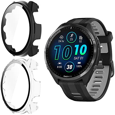 Holilo 2 Stück Hülle Mit Gehärtetes Glas Displayschutz für Garmin Forerunner 965 Rundum Schutzhülle,Vollständige Abdeckung Schutzhülle Ultradünne Kratzfest Schutz Case-Schwarz+Transparent