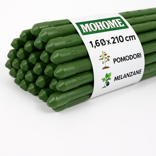 MOHOME Bastoncini Supporto Piante Rampicanti Set 50 Cannette Acciaio Plastificato Bastone 1,6 Ø x 210 cm Tutore Verde Giardino Orto Pomodori Melenzane