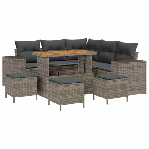 vidaXL 9-teiliges Outdoor-Sofa-Set mit Kissen in Grau. Stylisches Poly-Rattan-Design, Bequeme Sitzplätze für Balkon, Terrasse oder Garten. Langlebig und schick, für bis zu 5 Personen.