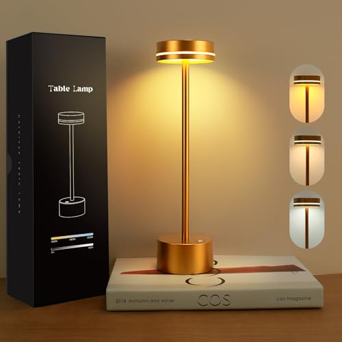 VKH Lampada da comodino LED senza fili in metallo dorata, 3 modalità di luce, touch e ricarica USB-C, lampada da tavolo moderna per camera da letto, soggiorno, ufficio o tavolo da pranzo